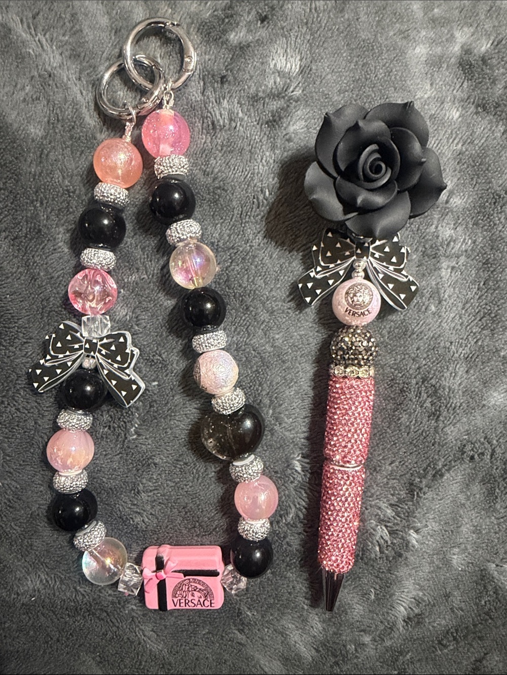 Pink & Black Beaded Keychain/Bag Charm and Matching Rhinestone Pen.